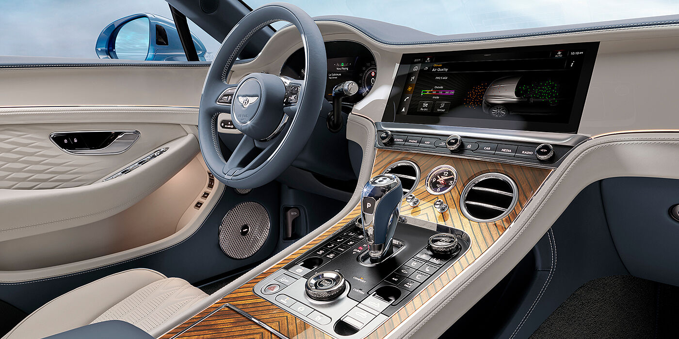 Bentley Essex (Chelmsford) New Bentley Continental GTC Azure convertible interior front cabin view with Linen and Brunel hides and Piano Linen by Mulliner veneer featuring centre console and centre MMI screen