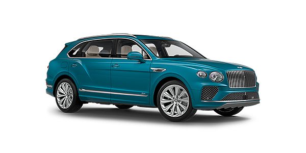 Bentley Essex (Chelmsford) Bentley Bentayga EWB Azure front side angled view in Topaz blue coloured exterior. 