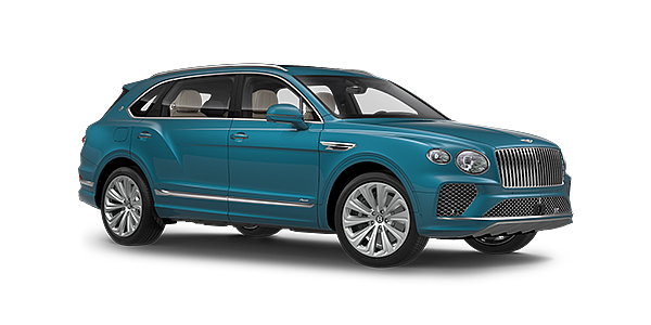 Bentley Essex (Chelmsford) Bentayga Extended Wheelbase Azure luxury SUV front three quarter in Topaz Blue by Mulliner paint