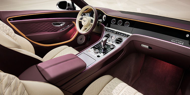 Bentley Essex (Chelmsford) Bentley Continental GTC Mulliner convertible front interior including Linen and Damson purple hides and Grand Black veneer