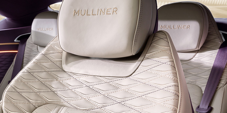 Bentley Essex (Chelmsford) Bentley Continental GT Mulliner coupe seat detail in Linen leather with Mulliner Diamond in Diamond quilting and Mulliner embroidered seat emblem